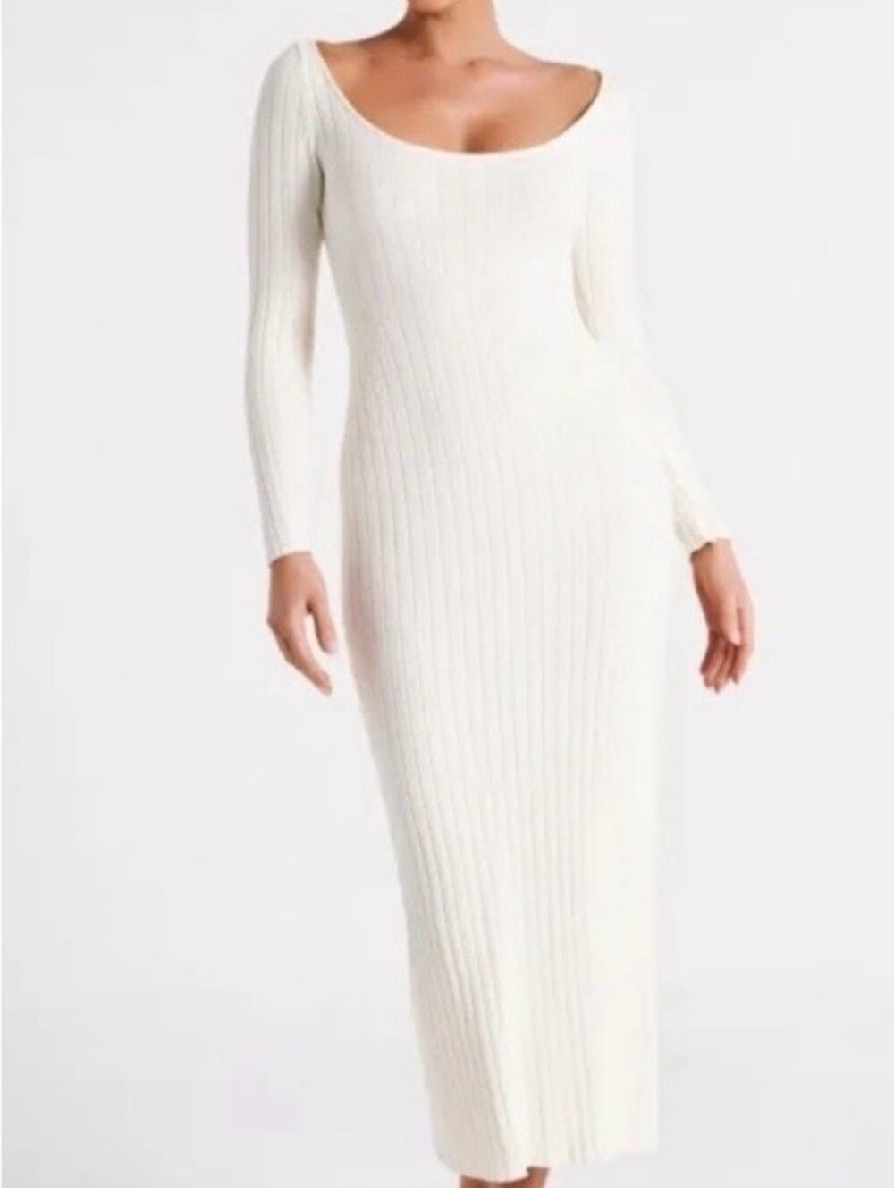 Meshki Long Sleeve Ribbed Sweater Cream White Bridal Bride Midi Dress Size Large